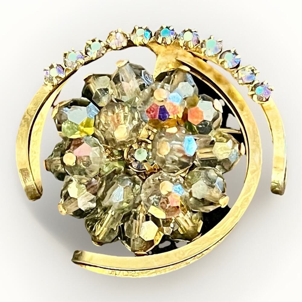 Vintage Gold Tone Crystal Cluster Floral Brooch Aurora Borealis Swirl Pin